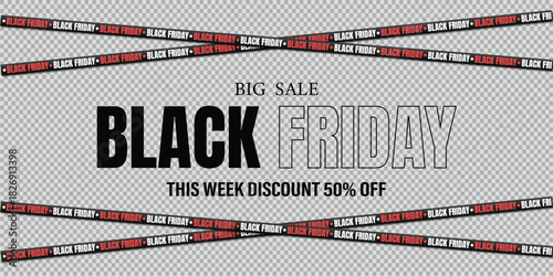 Black Friday ribbons. Crossed black ribbons and tapes with text on a transparent background. Black Friday big sale banner with text. Vector