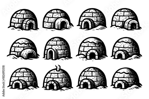 Hand drawn igloo set collection: detailed rustic snow dwellings