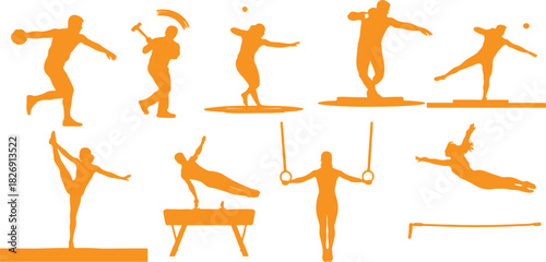 Orange silhouettes of gymnasts performing various gymnastic disciplines on white background