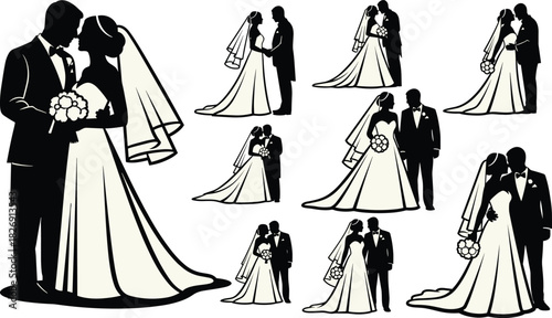 Elegant Wedding Couple Silhouette Vector Set, Bride and Groom in Tuxedo and Veil with Bouquet, Marriage Ceremony, Romance, and Celebration Graphic Illustrations Collection.