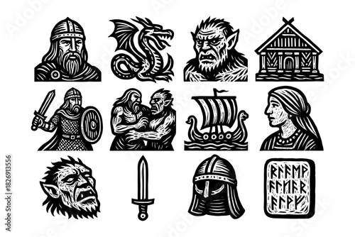 Viking norse mythology icons: warriors, dragons, and ancient symbols in bold black style