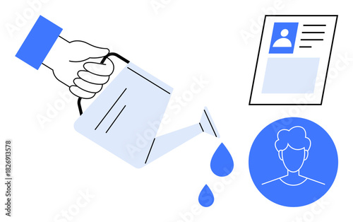 Personal growth concept. Watering can s nurturing development, encouraging personal growth in professional settings and individual identity enhancement. For HR, education, career, self-help, digital