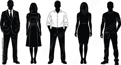 Professional business and casual people silhouettes, men and women standing poses, formal office and modern fashion vector illustration design