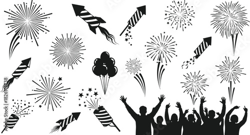 Fireworks Celebration Vector Silhouette Icons Set of Exploding Firework Rocket People Cheering Balloons Festive Party Event Graphic Design Elements Black White.