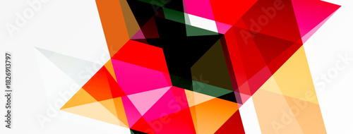 Abstract geometric shapes overlap, creating vibrant color contrasts. Red, pink, orange dominate composition. White space provides balance.