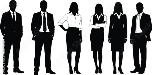 Professional business people silhouettes, men and women in formal office attire, black vector illustration design for corporate and teamwork concepts