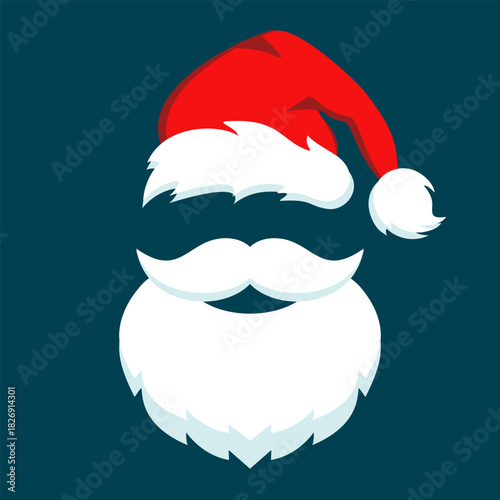 Santa Claus vector face, beard and red hat, Christmas greeting card