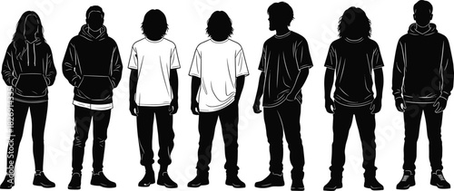 Silhouette vector illustration of modern people wearing hoodies and casual outfits, streetwear fashion design, urban youth lifestyle concept