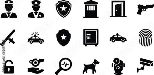 Police and Security Service Vector Icon Set, Law Enforcement, Protection, Officer, Guard, Crime Prevention, Safety Equipment, Fingerprint, and Surveillance Technology Black Glyphs.