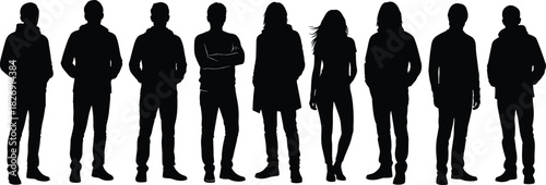 Silhouette vector illustration of people standing in casual urban outfits, modern fashion style, streetwear concept, black shadow design