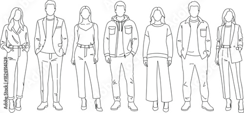 Stylish young people line art illustration, men and women fashion outfit drawing, minimal vector design, modern trendy clothing sketch