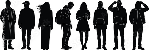 Stylish young people silhouettes, men and women in casual streetwear outfits, fashion pose collection, black vector illustration for design use