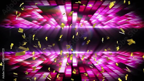 Sparse gold confetti appearing, drifting, magenta LED tiles pulsing, reflecting, creating shimmer