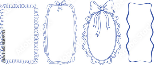 Elegant collection of four decorative borders and frames with unique scalloped and ribbon designs in blue, perfect for invitations and crafts