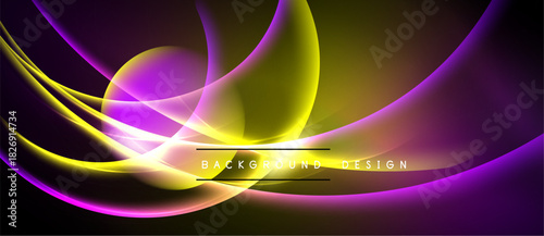 Abstract flowing lines, vibrant purple, yellow hues. Dynamic curves create modern background design. Smooth gradients, elegant composition.