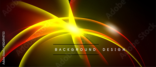 Bright abstract design features dynamic curves, glowing lines. Yellow center radiates outward, contrasting dark background. Modern aesthetic.