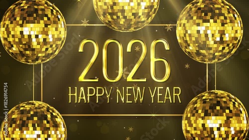Happy New Year 2026 Greetings Text Background Animation With Disco Balls and Fireworks