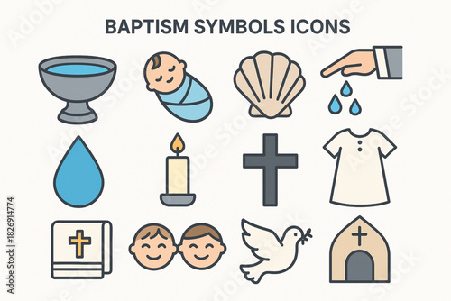 Baptism Symbols Icon Set – Modern Flat Christian Ceremony Illustrations