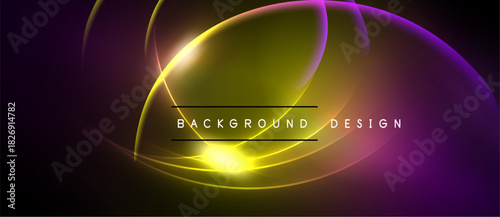Abstract neon lines create glowing circular shapes. Dark background emphasizes vibrant purple, yellow hues. Text reads background design.