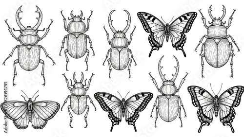 Engraved Insect Vector Set – Detailed Beetles and Butterflies Illustrations
