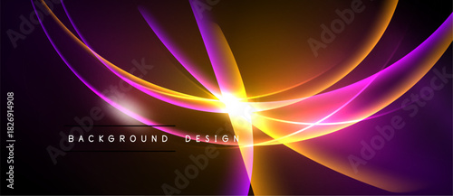 Abstract design features vibrant curves, radiating light. Purple, orange, yellow hues create dynamic visual effect. Background text present.