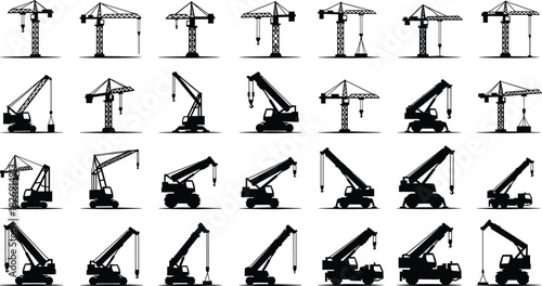 Set of Construction Crane Vector Silhouette Icons Heavy Machinery Equipment Tower and Mobile Cranes Engineering Building Industry Industrial Graphic Elements.