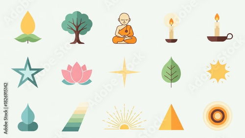 Buddhist Reflection Icon Set – Modern Flat Spiritual Illustrations
