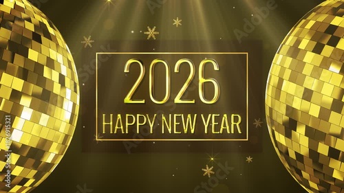 Happy New Year 2026 Greetings Text Background Animation With Disco Balls and Fireworks