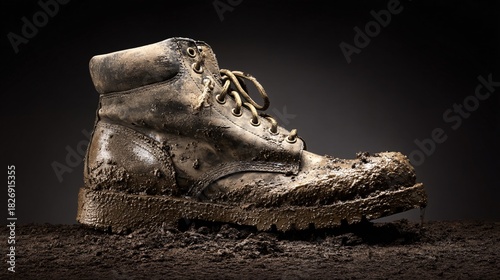 combat boot extremely dirty, thick heavy mud caked onto the entire boot, laces, and sole, water droplets splashing, action shot, dynamic composition, isolated on a dark wet earth background, 