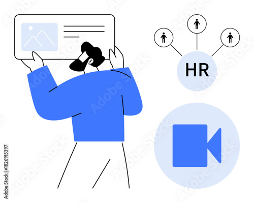Person reviewing profile on screen, HR network linking individuals, video call icon. Ideal for recruitment, remote hiring, HR management, employee training, digital communication, workplace