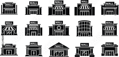Shopping Mall and Storefront Vector Icon Set, Retail Commerce, Business Buildings, Modern Exterior, Supermarket, Department Store, and Urban Architecture Black Glyphs.