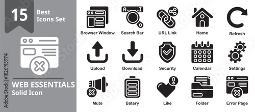 Web Essentials Icon set. Including web, browser, window, search, link, url and more. Solid vector icons collection.