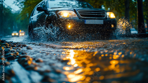 Car navigating through flooded street during heavy rain with impactful water splashes, representing driving challenges and adverse weather conditions, urban setting, and road safety concerns