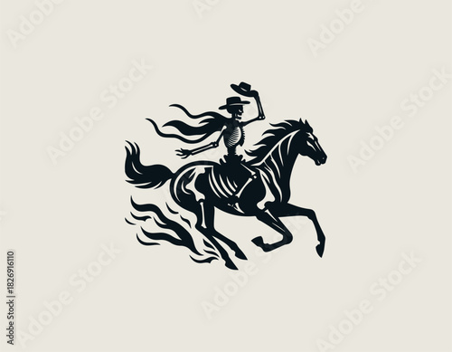 lack silhouette illustration of a skeleton rider on a galloping horse, holding up a cowboy hat.