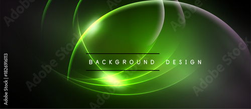 Dark backdrop features vibrant green neon curves. Text reads background design. Abstract illumination creates dynamic visual effect.