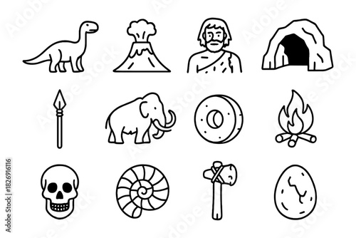 Primitive icons set: caveman, dinosaur, volcano, and more in bold outline style