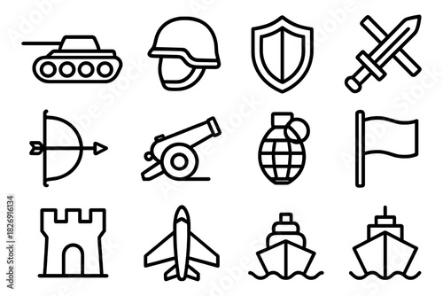 Military icon set featuring weapons, vehicles, and defense symbols in bold black outline style
