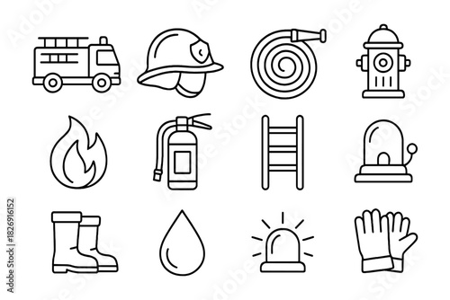 Firefighter equipment icons: helmet, hose, extinguisher, ladder, hydrant in linear style