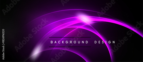 Abstract purple lines create dynamic curves. Bright center point draws attention, dark background enhances glow. Modern design element.