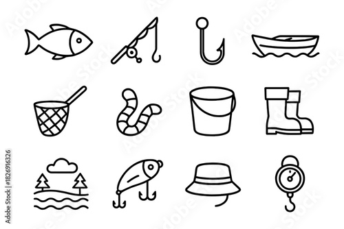 Fishing gear and activities icon set featuring lines and hooks in modern outline style