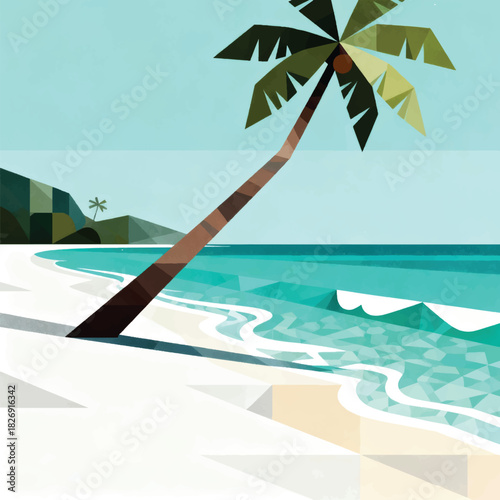 Illustration Of A Tropical Beach With White Sand, Gentle Waves, Coconut Trees Vector Design Template