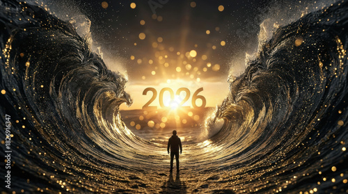 Epic digital art of a man standing between parting waves facing a glowing 2026 sunrise. Biblical concept of faith, miracles, and the Red Sea crossing for the New Year.
