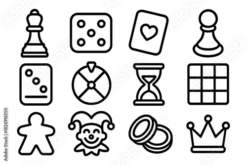 Board game icon set: chess, dice, playing card, pawn, and more in outline style