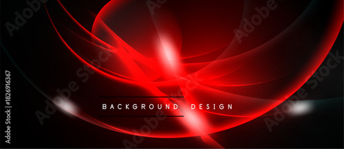Dynamic red lines create abstract flow, glowing effect over black background. Minimalist design with text element present.