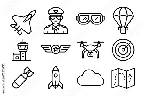 Aviation icons set featuring aircraft, pilot, parachute, and more in linear style