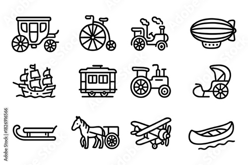 Vintage transportation icons collection: timeless journey in bold line art