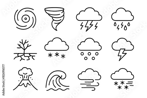 Minimalist weather and natural disaster icons: line art style