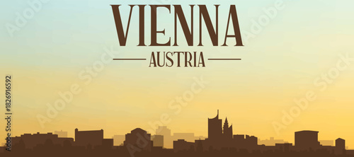 Panoramic poster of the city skyline with misty background buildings, hills sunrise, sunset and clouds of VIENNA, AUSTRIA