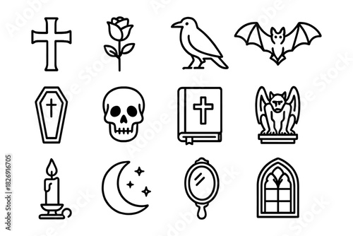 Gothic line art icons: symbols of mystery and halloween elements