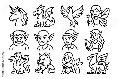 Mythical creatures set with unicorn, dragon, phoenix, and more in simple icon style